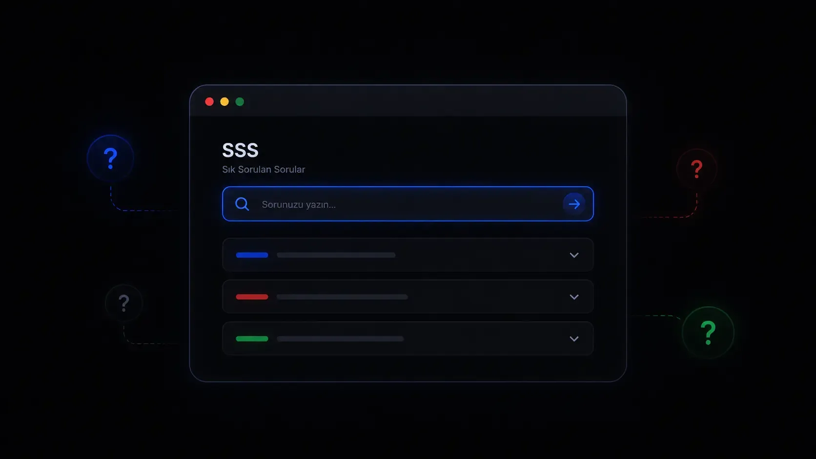 Arama çubuğu ve soru işaretlerini içeren, sade tasarımlı web sitesi SSS görseli