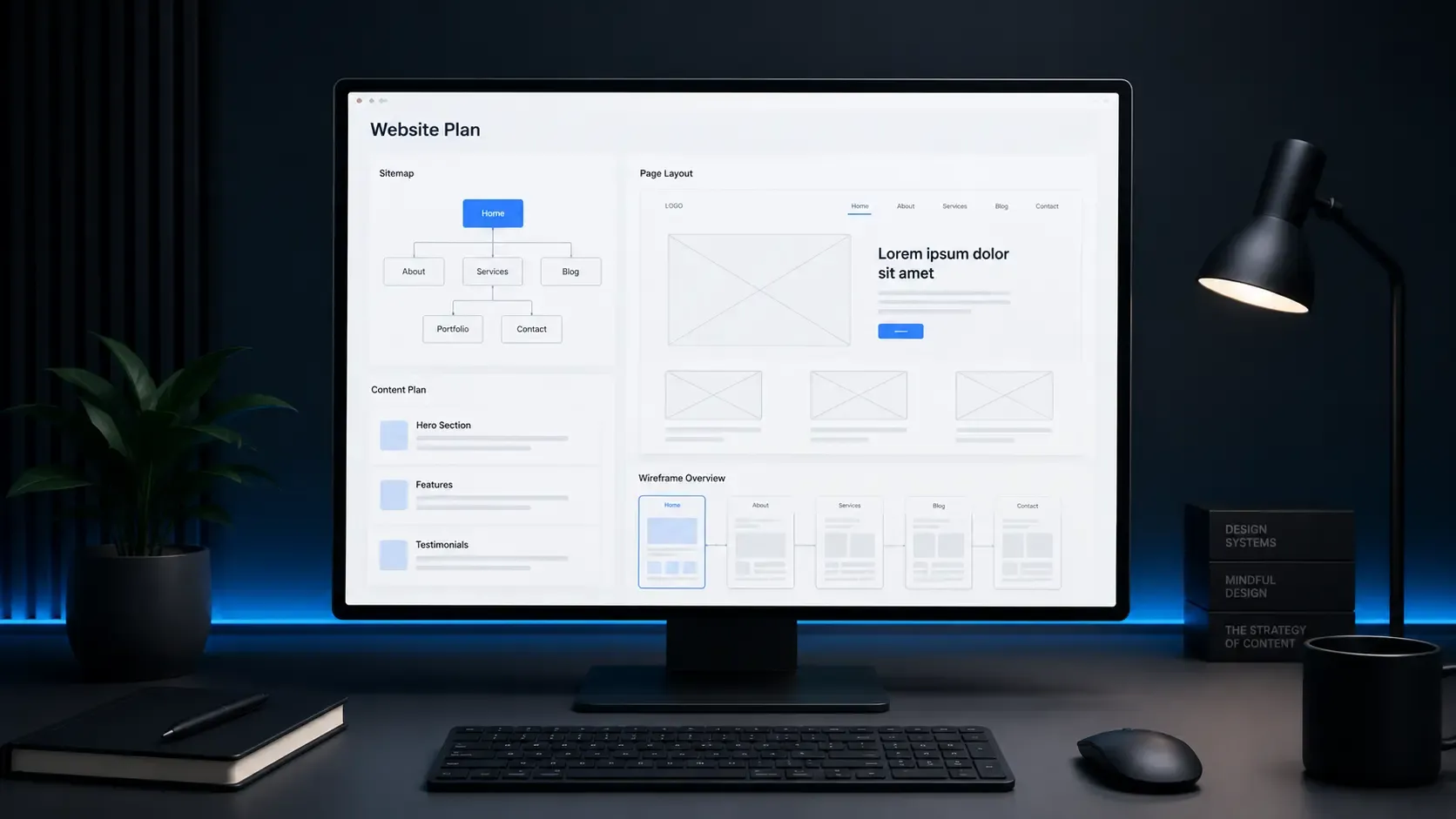 Bir masa üzerinde bilgisayar ekranında web sitesi planlamasını gösteren sade bir çalışma ortamı